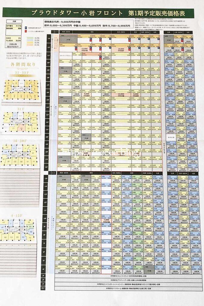 プラウドタワー小岩フロント第1期予定販売価格